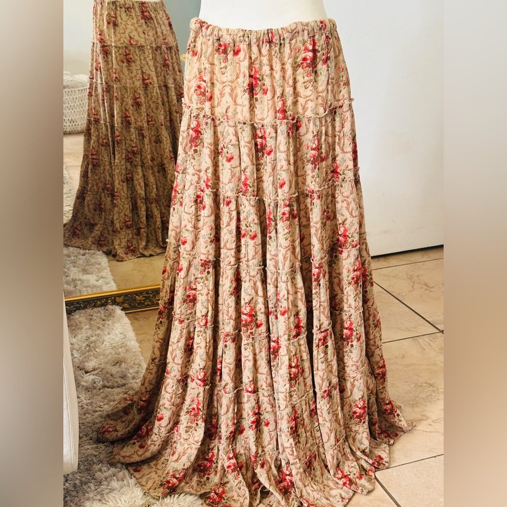 Ralph Lauren Cream and Red Tiered Maxi Skirt